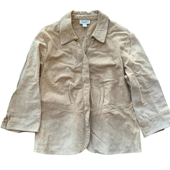 Coldwater Creek Genuine Suede Leather Snap Jacket Beige Size Petite Large - Picture 1 of 7